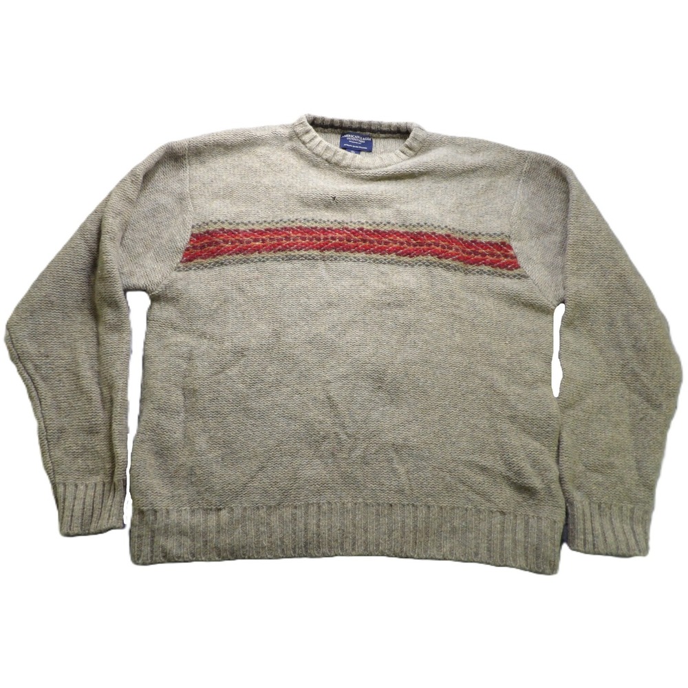 VTG 90s American Eagle Sweater Men XL Beige Lambswool Striped Crew Neck Pullover